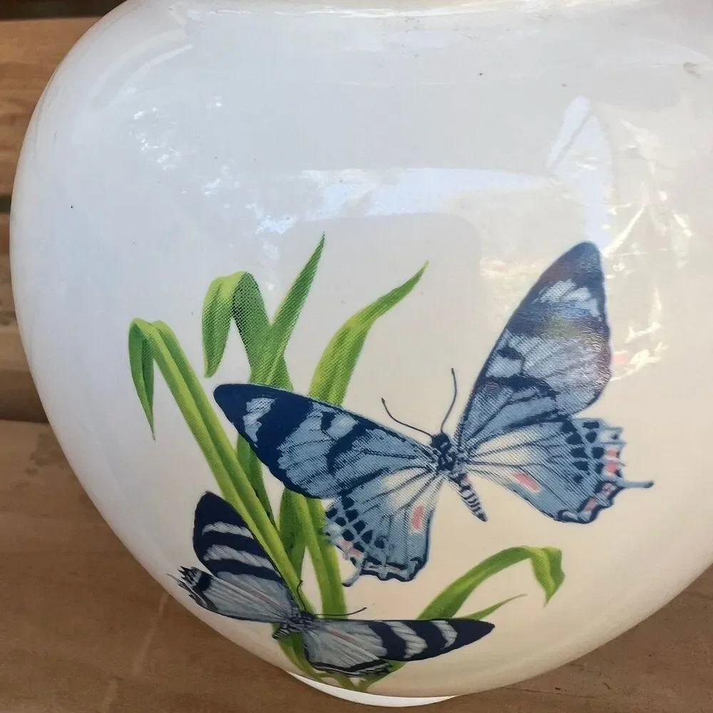 Vintage FTD white ceramic ginger jar blue butterflies